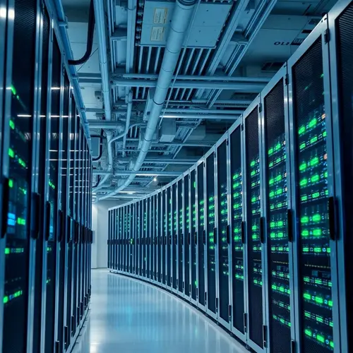 Interior view of a modern data center with multiple rows of server racks and blinking indicator lights.