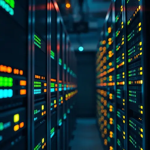 Rows of server racks with illuminated indicator lights in a modern data center.