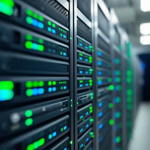 A close-up view of a modern server rack inside a data center, showing blinking lights and intricate cabling.