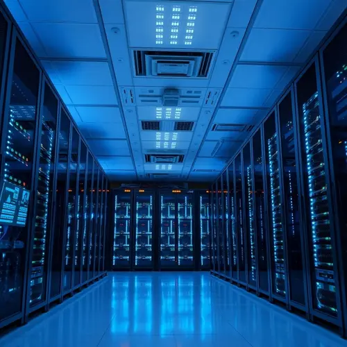A modern data center server room with rows of server racks under cool blue lighting.