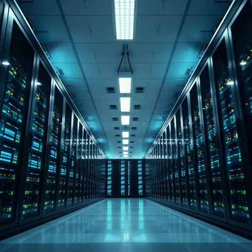Rows of black server racks in a brightly lit, clean data center environment, showcasing modern technological infrastructure.