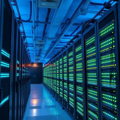 Rows of servers in a modern data center with blue lighting and network cables.