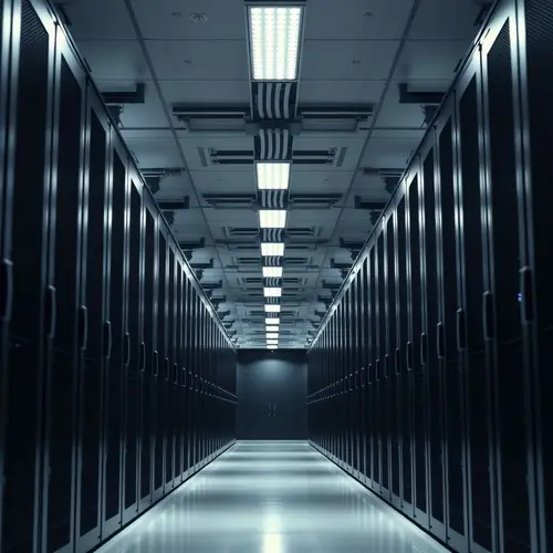 Rows of server racks in a modern data center, representing digital infrastructure.