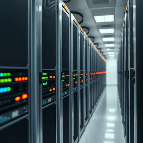 A detailed view of server racks with blinking lights inside a modern, professional data center.