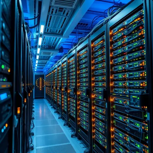 Server racks with blinking lights in a modern data center.
