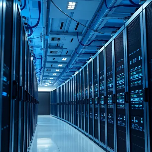 A wide shot of a contemporary data center, showing multiple aisles of black server racks under cool blue ambient lighting.