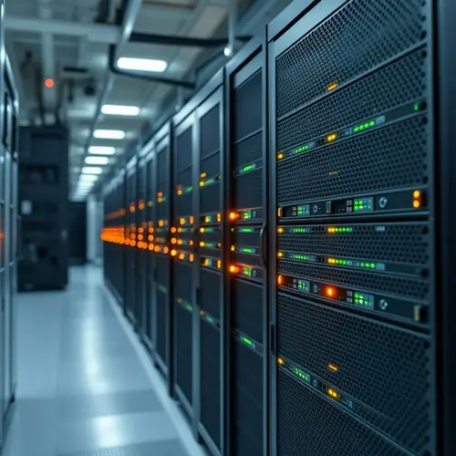 A photograph showing a modern server rack inside a data center, with visible indicator lights and organized cabling.