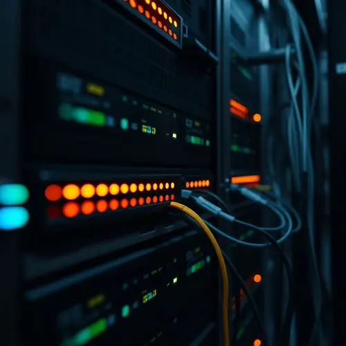 A server rack in a data center with indicator lights and cables, representing modern data processing infrastructure.