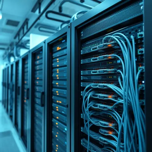 A detailed view of server racks with blinking lights and organized cables inside a modern data center.