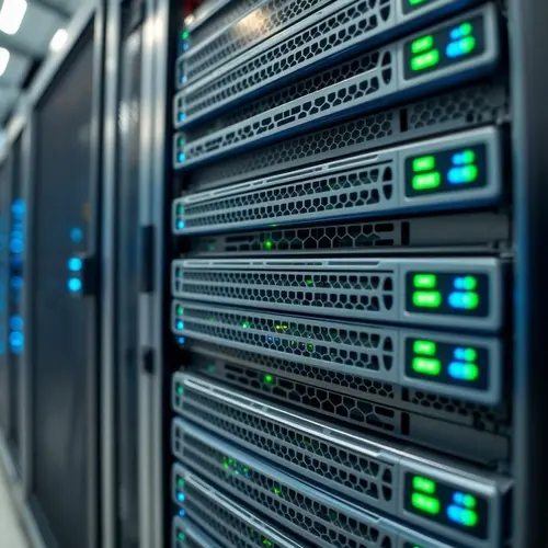 A detailed view of a modern server rack with blinking indicator lights in a data center.