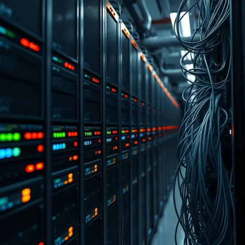 Server racks with blinking lights in a data center