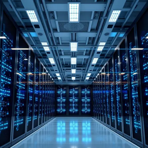 Inside a modern data center with organized server racks and blue indicator lights, representing digital infrastructure.