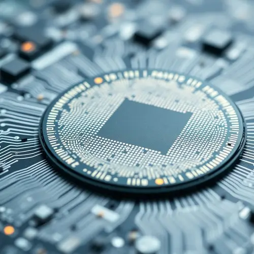 Close-up view of a silicon wafer with detailed microchip circuitry in a clean laboratory setting.