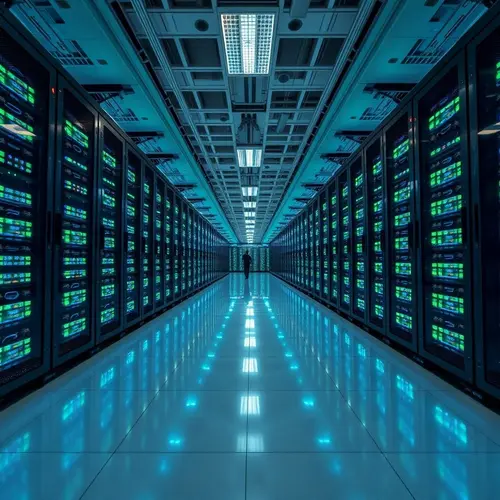 Rows of servers in a modern data center with blue and green lighting.