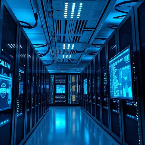Rows of server racks in a modern data center with blue lighting.