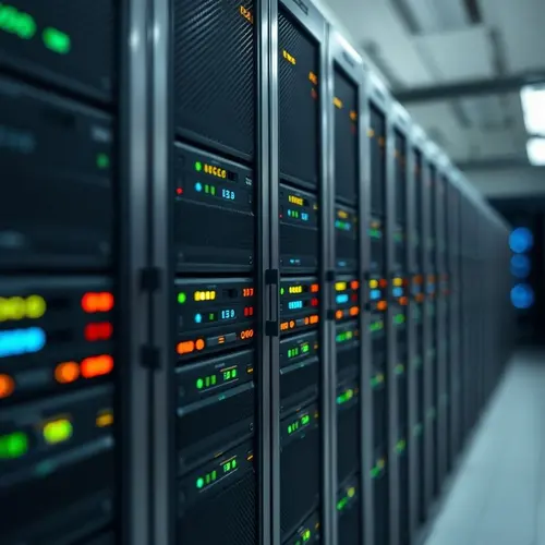Rows of server racks with operational lights in a modern data center facility.