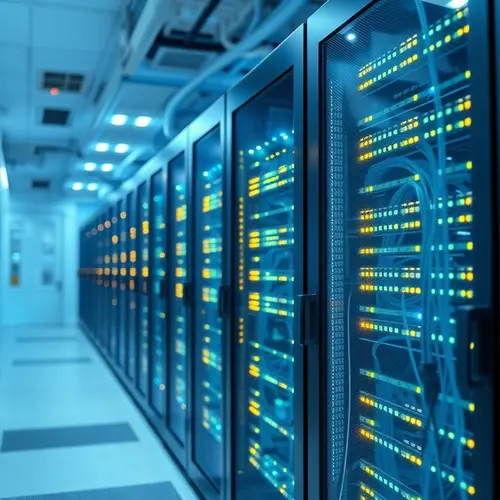 Server racks with blinking lights inside a data center.