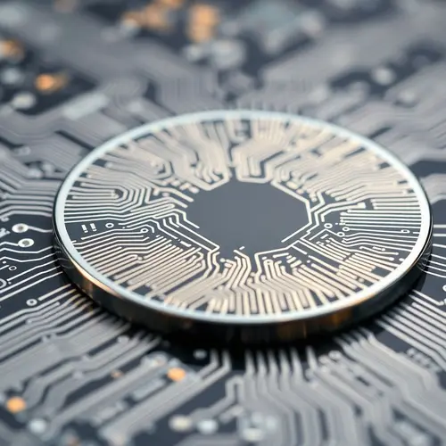 A highly detailed close-up of a silicon wafer displaying complex integrated circuit patterns.