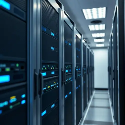 Rows of server racks with indicator lights in a modern data center.
