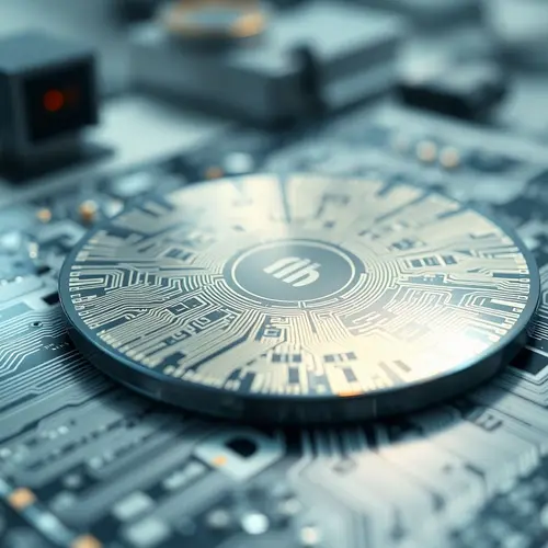 Close-up of a silicon wafer showing microscopic circuit designs in a cleanroom.