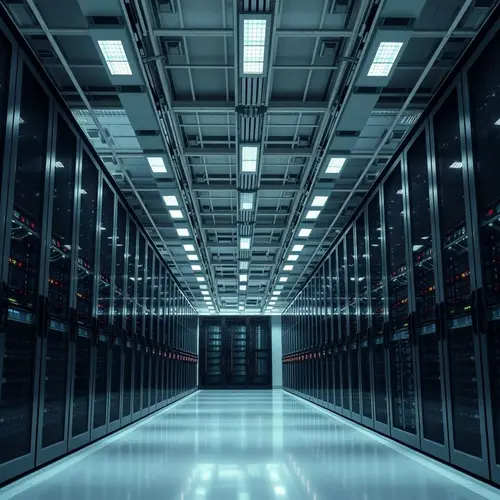 Interior view of a large data center with rows of server racks and cool lighting.