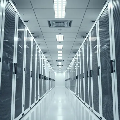 A long view of pristine, modern server racks in a well-lit data center environment.