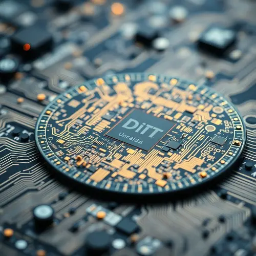 A close-up view of a high-tech semiconductor wafer with intricate circuitry and microscopic details.