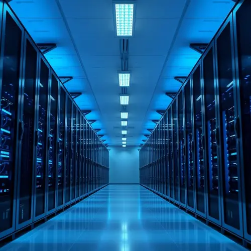 Rows of server racks in a modern data center with blue lighting
