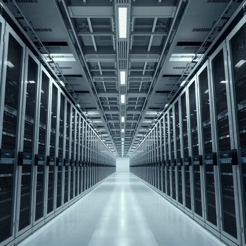 Image showing the interior of a large data center with rows of metallic server racks.
