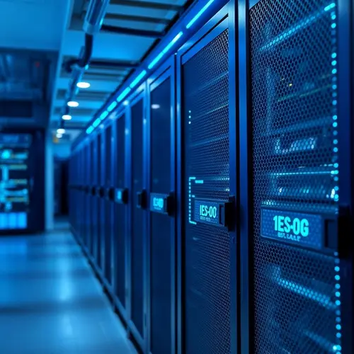 Server racks in a data center with blue lighting.