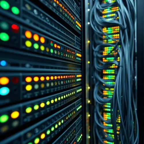 Close-up of server racks in a data center with blinking lights.