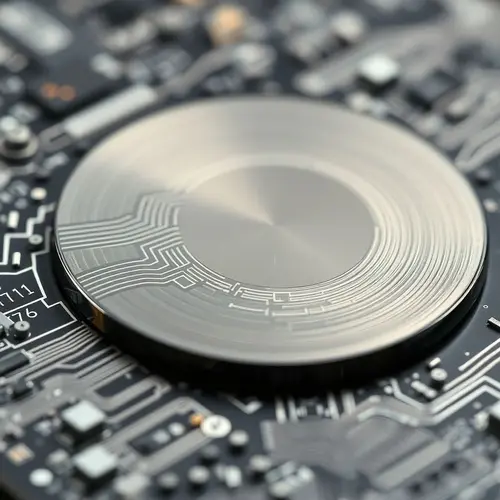 A detailed close-up photograph of a polished silicon wafer with complex integrated circuit patterns.