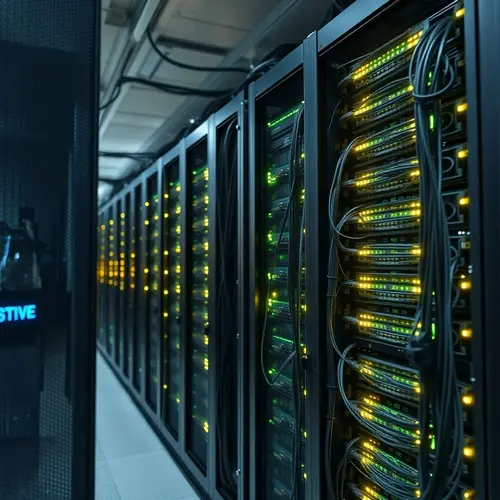 A photograph of a modern data center with server racks and blinking lights.
