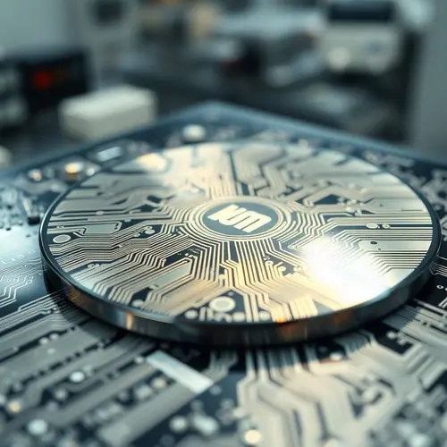 A close-up view of a silicon wafer displaying detailed circuit patterns under bright light.