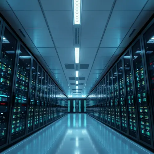 A wide shot of a large data center with numerous server racks, lit with cool blue and white lights.