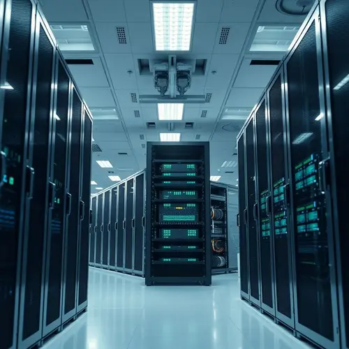 Rows of modern server racks in a brightly lit, organized data center.