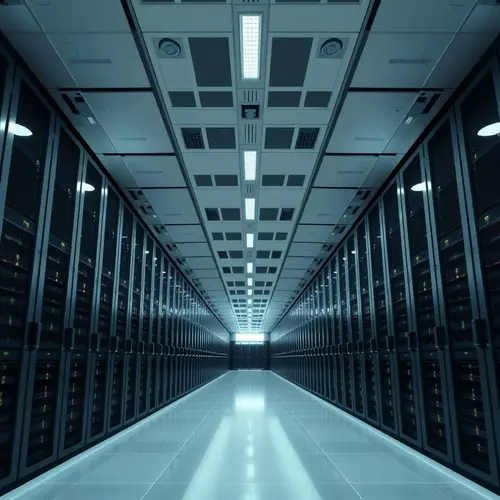 An expansive view of a modern data center showing numerous server racks in an organized industrial setting.
