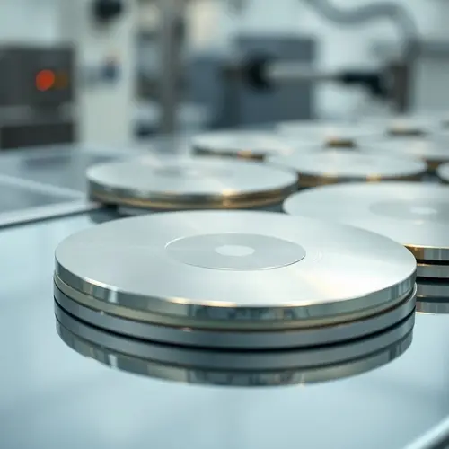Close-up view of polished silicon semiconductor wafers in a cleanroom environment, reflecting light.