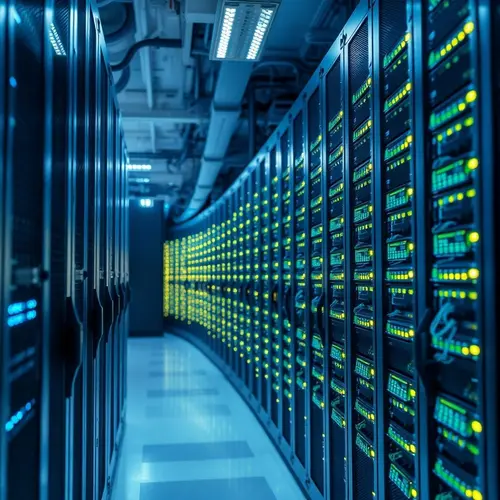 Close-up of a server rack with blinking lights and cables in a modern data center.