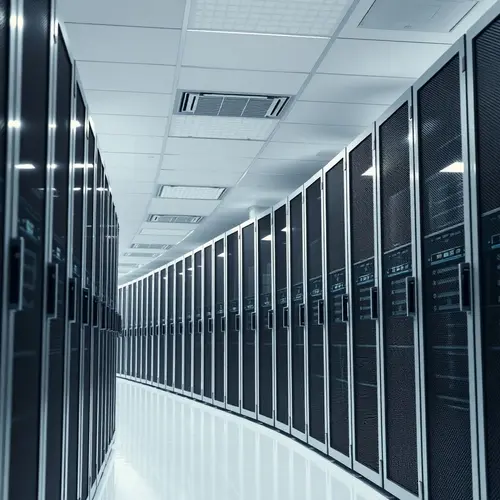 Server racks filled with blinking lights inside a large, clean data center.