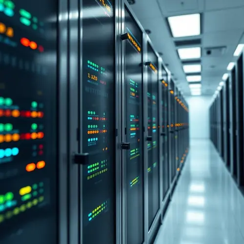 Rows of modern server racks with blinking indicator lights in a large, clean data center environment.