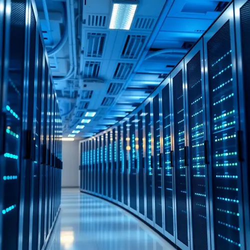 Rows of server racks in a modern data center, representing digital infrastructure.