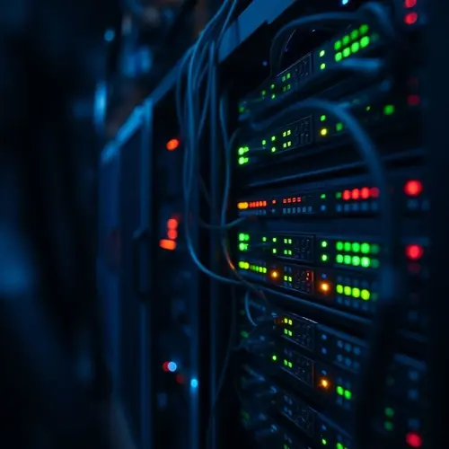 A detailed view of a server rack within a data center, showing equipment and illuminated indicators.