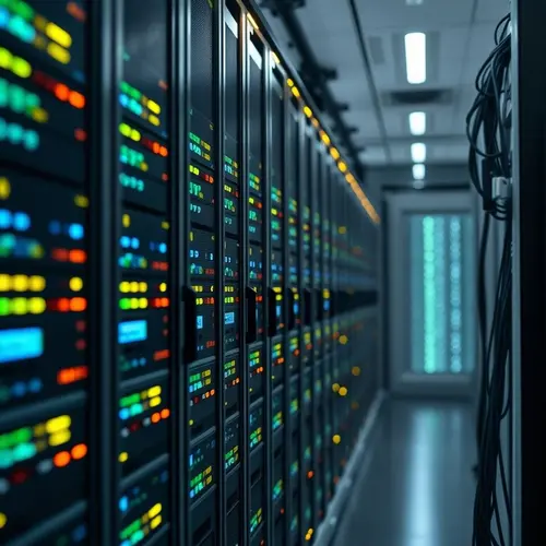 Server racks in a data center with blinking lights, representing modern technological infrastructure.