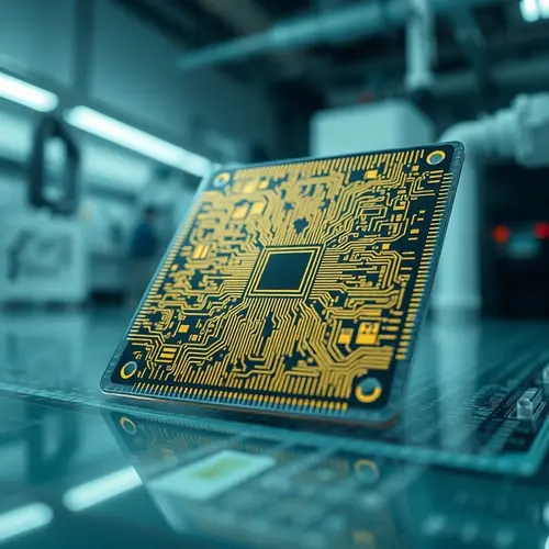 High-detail close-up of a silicon wafer with microchip patterns in a cleanroom