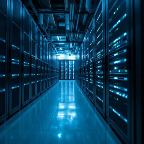 Rows of server racks filled with blinking lights in a modern, pristine data center.