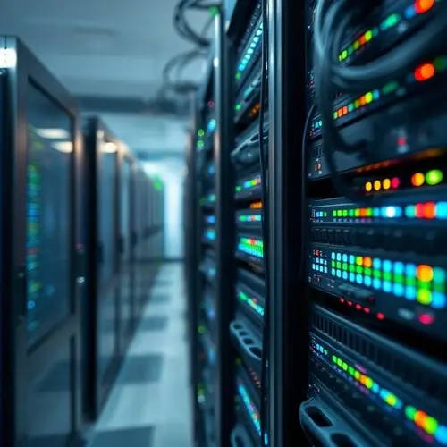 A detailed view of a server rack in a data center with blinking lights, illustrating modern computing infrastructure.
