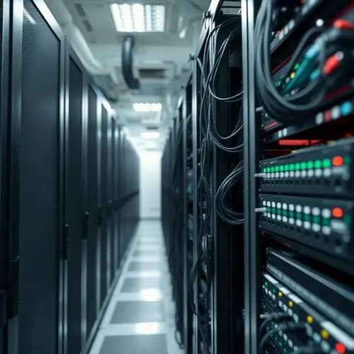 Detailed view of server racks and hardware in a data center.