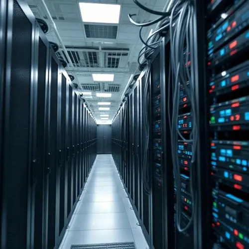 Rows of server racks and complex cabling in a modern data center.
