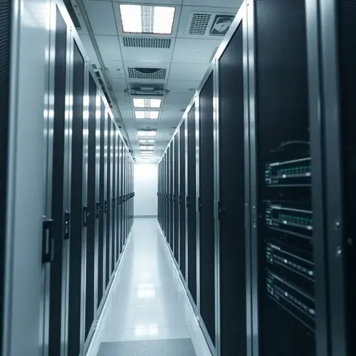 A row of modern server racks with blinking lights in a data center, illustrating digital infrastructure.